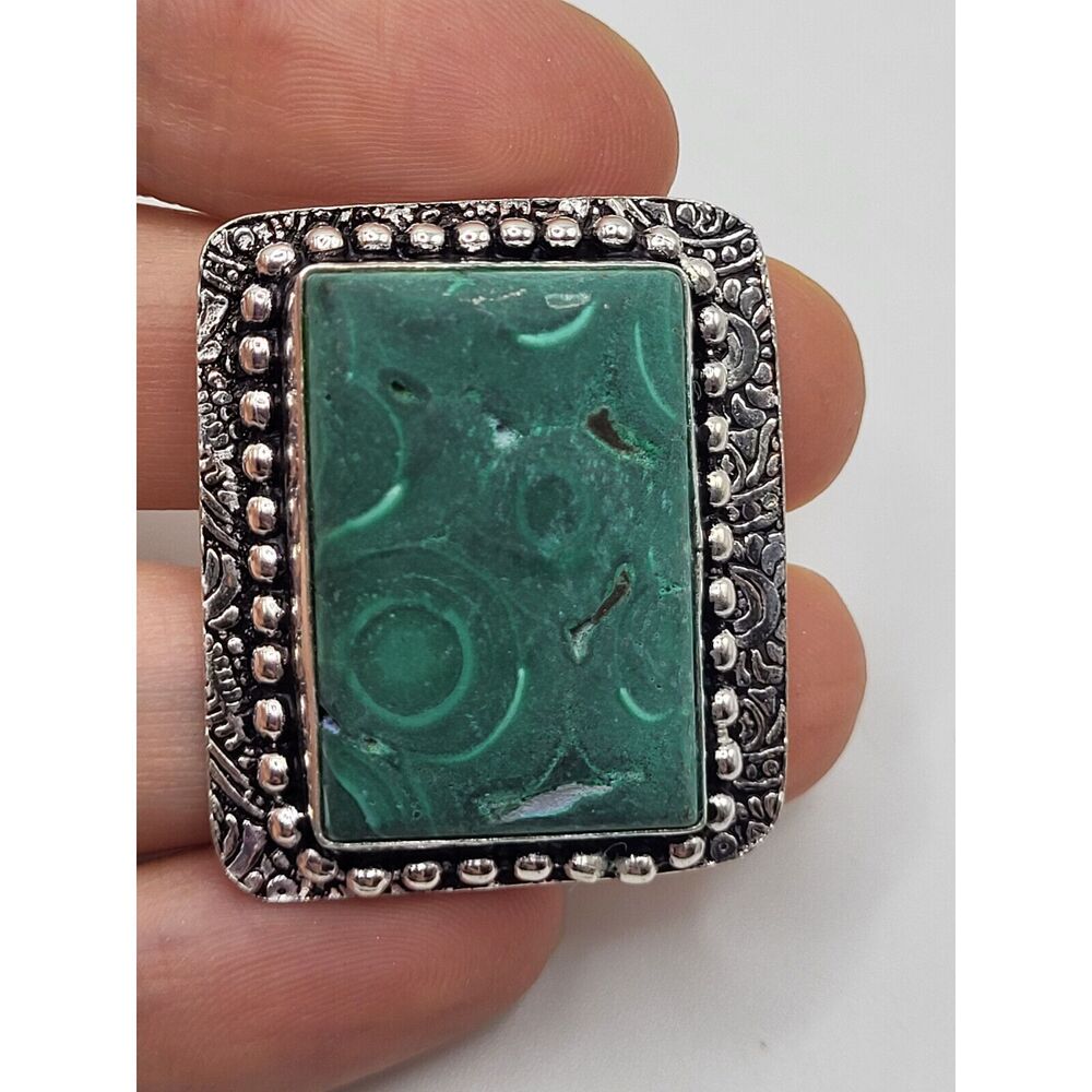 Bohemian Rectangular Malachite Chunky Ring Sz 11 - image 2